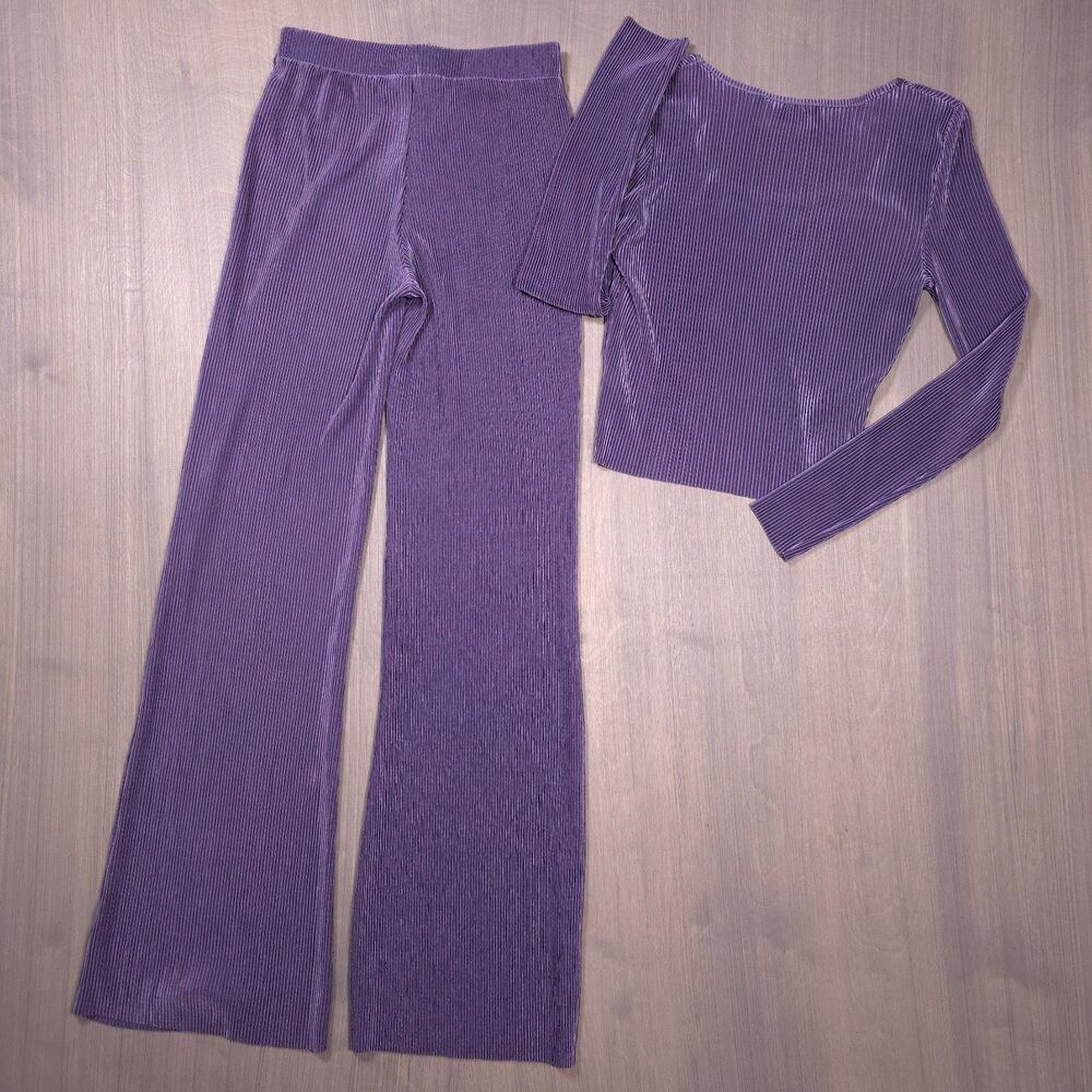 No Boundaries Purple Plisse Velvet Ribbed 2-Piece Pant Set Top Wide Leg XS - Picture 7 of 9